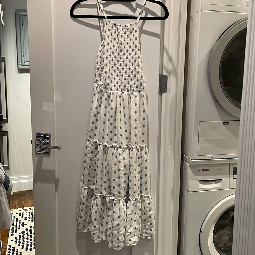 White and blue polka dots maxi dress